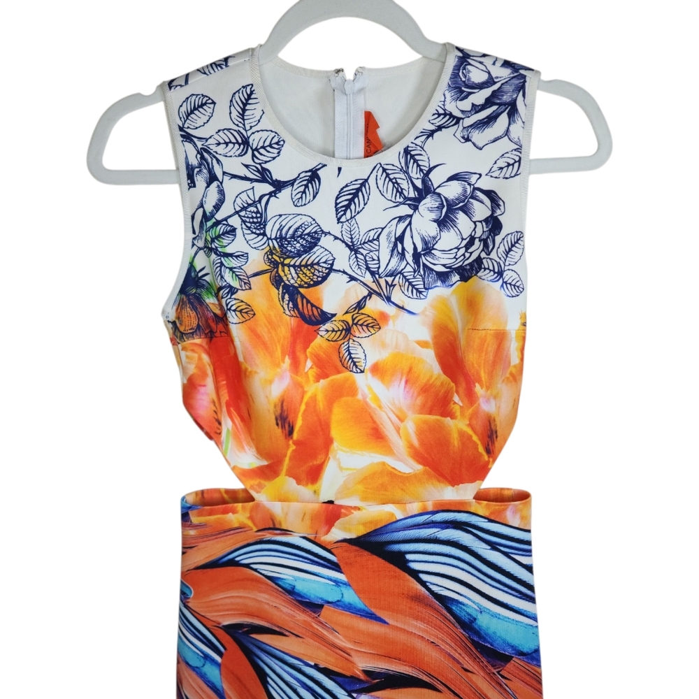 Clover Canyon Floral Bird Print Waist Cutout Midi Dress Blue Orange Size Small - Picture 5 of 15
